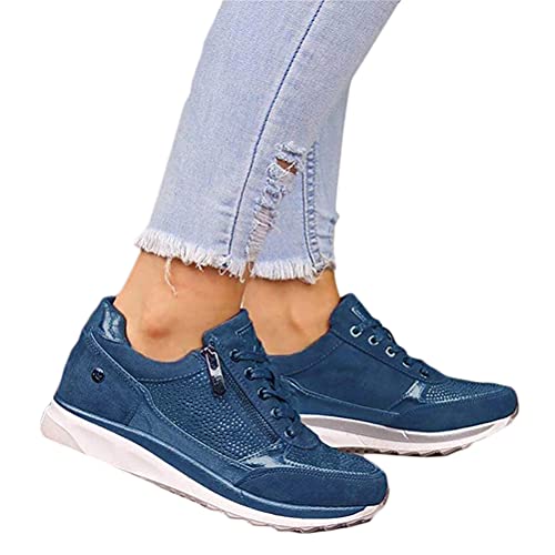 Minetom Damen Laufschuhe PU Turnschuhe Sportschuhe mit Keilabsatz Reißverschluss Running Straßenlaufschuhe Walkingschuhe Outdoor Fitness Jogging Schuhe A Blau 36 EU von Minetom