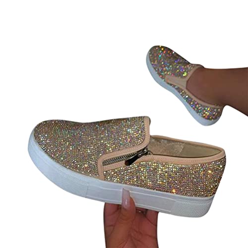 Minetom Damen Laufschuhe Plateau Sneaker Flache Schuhe Bootsschuhe Turnschuhe Atmungsaktive Sportschuhe Strass Glänzend Slippers Freizeitschuhe Slip-On Halbschuhe Casual Walkingschuhe E Gold 37 EU von Minetom