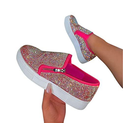 Minetom Damen Laufschuhe Plateau Sneaker Flache Schuhe Bootsschuhe Turnschuhe Atmungsaktive Sportschuhe Strass Glänzend Slippers Freizeitschuhe Slip-On Halbschuhe Casual Walkingschuhe E Rosa 36 EU von Minetom