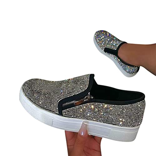 Minetom Damen Laufschuhe Plateau Sneaker Flache Schuhe Bootsschuhe Turnschuhe Atmungsaktive Sportschuhe Strass Glänzend Slippers Freizeitschuhe Slip-On Halbschuhe Casual Walkingschuhe E Schwarz 41 EU von Minetom