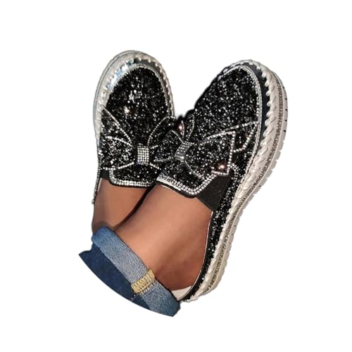 Minetom Damen Laufschuhe Plateau Sneaker Flache Schuhe Bootsschuhe Turnschuhe Atmungsaktive Sportschuhe Strass Glänzend Slippers Freizeitschuhe Slip-On Halbschuhe Casual Walkingschuhe G Schwarz 42 EU von Minetom