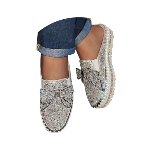 Minetom Damen Laufschuhe Plateau Sneaker Flache Schuhe Bootsschuhe Turnschuhe Atmungsaktive Sportschuhe Strass Glänzend Slippers Freizeitschuhe Slip-On Halbschuhe Casual Walkingschuhe G Silber 43 EU von Minetom