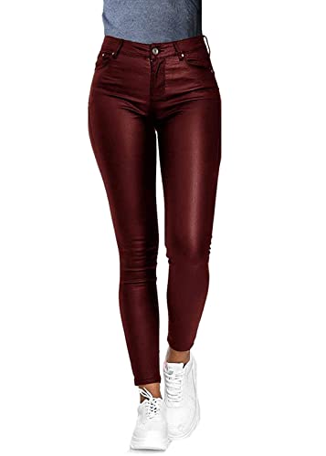 Minetom Damen Lederhose Sexy PU Leder Look Skinny Leggings Hochwertige High Waist Stretch Optik Schwarz Schlank Hose Kunstlederhose Treggins Push Up Effekt Pants Jeanshose A Weinrot L von Minetom