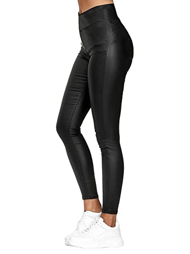 Minetom Damen Lederhose Sexy PU Leder Look Skinny Leggings Hochwertige High Waist Stretch Optik Schwarz Schlank Hose Kunstlederhose Treggins Push Up Effekt Pants Jeanshose B Schwarz M von Minetom