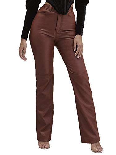 Minetom Damen Lederhose Winter Warm Gefüttert Lose Stretch PU Leder Hose Hohe Taille Kunstleder Pants mit Taschen B Braun L von Minetom