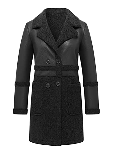 Minetom Damen Ledermantel Trenchcoat Lange Mantel Revers Fleece Blazer Jacke Elegant Winter Langarm Warme Plüsch Gefüttert Winterjacke Wintermantel Outwear B Schwarz XXL von Minetom