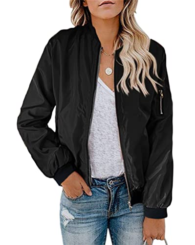 Minetom Damen Leichte Jacke Langarm Bomberjacke Reißverschluss Stehkragen Outwear Kurz Coat Herbst Frühling Bikerjacke Streetwear A Schwarz L von Minetom