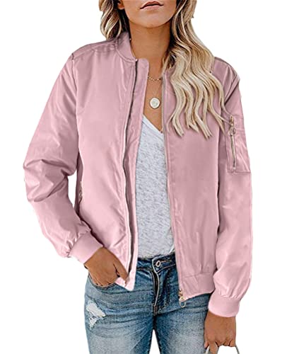 Minetom Damen Leichte Jacke Langarm Bomberjacke Reißverschluss Stehkragen Outwear Kurz Coat Herbst Frühling Bikerjacke Streetwear B Rosa M von Minetom