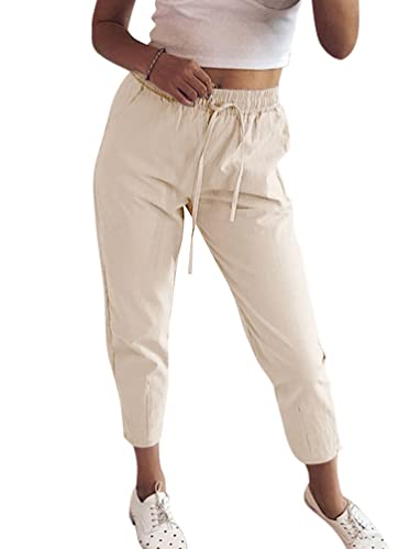 Minetom Damen Leinenhose 7/8 Leichte Sommerhose Strandhose Bequem Einfarbig Freizeithose Sporthose Elastisch Jogginghose Haremshose Mit Kordelzug Taschen A Beige XS von Minetom