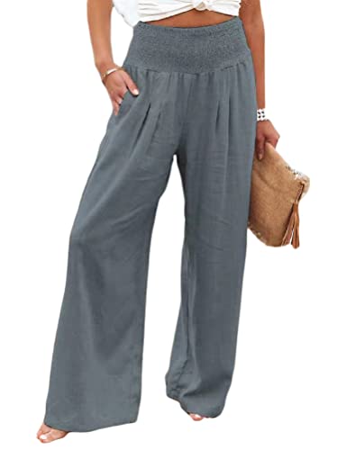 Minetom Damen Leinenhose Leichte Sommer Hohe Taille Hose mit Weitem Bein Elastisch Weich Bequem Baumwolle Leinen Strandhose Jogginghose Freizeithose B Grau L von Minetom