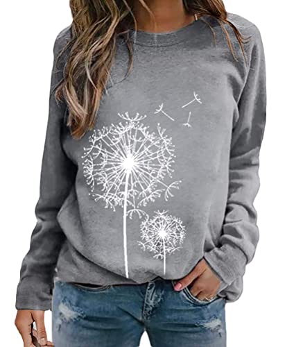 Minetom Damen Löwenzahn Sweatshirt Langarmshirt Pusteblume Drucken Pullover Herbst Winter Bluse Tops Oberteile Rundhals Elegant Lässiges Langarmshirts Pulli Shirts für Frauen A Hellgrau S von Minetom