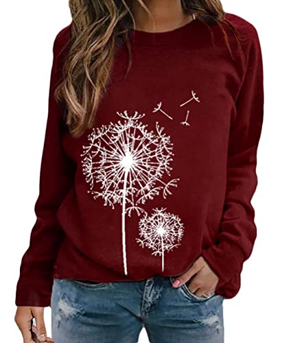 Minetom Damen Löwenzahn Sweatshirt Langarmshirt Pusteblume Drucken Pullover Herbst Winter Bluse Tops Oberteile Rundhals Elegant Lässiges Langarmshirts Pulli Shirts für Frauen A Weinrot 3XL von Minetom