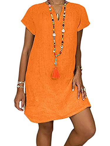 Minetom Damen Lose Freizeit V-Kragen Kurzarm Damen Leinenkleid Sommer V-Ausschnitt Kleid Boho Sommerkleid Leinen Kleider Strandkleider A-Linie A Orange 42 von Minetom
