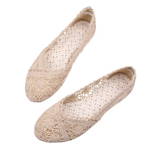 Minetom Damen Mädchen Ballerinas Spitze Schuhe Elegant Bequem Sommer Weich Leichte Atmungsaktiv Flache Schuhe Komfort Slip On Flats Schuhe A Beige 35 EU von Minetom