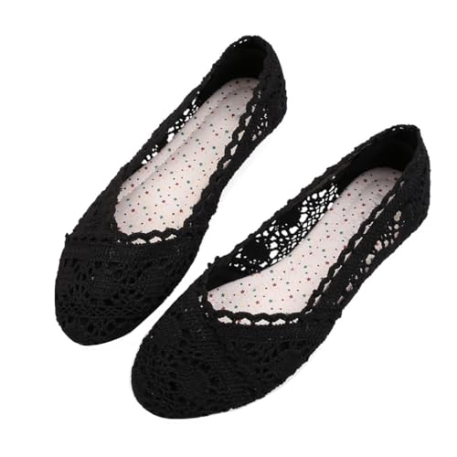 Minetom Damen Mädchen Ballerinas Spitze Schuhe Elegant Bequem Sommer Weich Leichte Atmungsaktiv Flache Schuhe Komfort Slip On Flats Schuhe A Schwarz 42 EU von Minetom