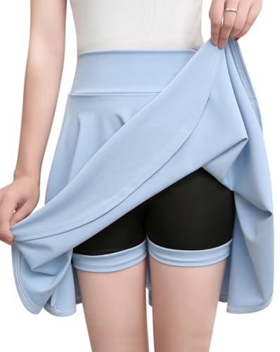 Minetom Damen Mädchen Basic Dehnbaren Skater Rock Casual Hohe Taille A-Linie Tennisrock Tanzrock Party Mini Rock mit Shorts A1 Hellblau S von Minetom