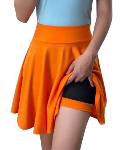 Minetom Damen Mädchen Basic Dehnbaren Skater Rock Casual Hohe Taille A-Linie Tennisrock Tanzrock Party Mini Rock mit Shorts A1 Orange M von Minetom