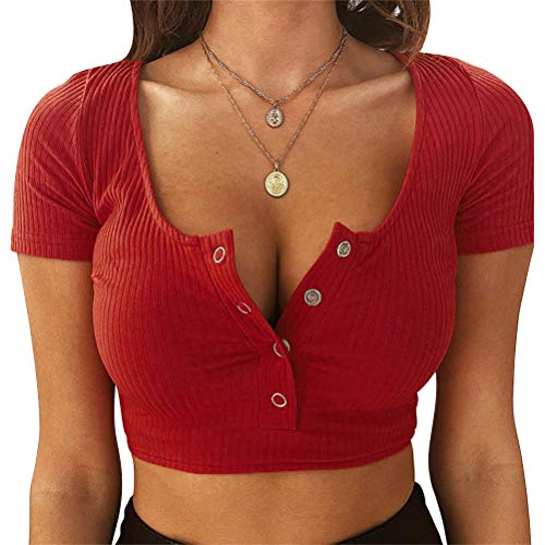 Minetom Damen Mädchen Bauchfrei Oberteile T-Shirt Kurzarm Crop Top Kurz Shirts Sommer Mode Einfarbig Knopfleiste Bluse Streetwear A Rot M von Minetom