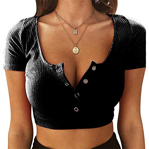 Minetom Damen Mädchen Bauchfrei Oberteile T-Shirt Kurzarm Crop Top Kurz Shirts Sommer Mode Einfarbig Knopfleiste Bluse Streetwear A Schwarz M von Minetom