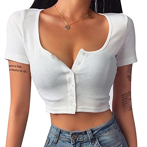 Minetom Damen Mädchen Bauchfrei Oberteile T-Shirt Kurzarm Crop Top Kurz Shirts Sommer Mode Einfarbig Knopfleiste Bluse Streetwear C Weiß XS von Minetom