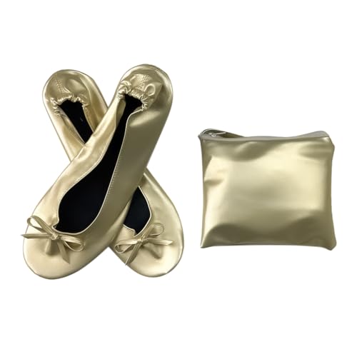 Minetom Damen Mädchen Faltbare Ballerina Bequem Flache Ballerinas Casual Komfort Weich PU Leder Party Hochzeit Schuhe mit Tragetasche A Champagne 39/40 EU von Minetom