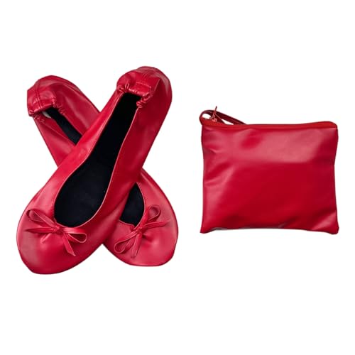 Minetom Damen Mädchen Faltbare Ballerina Bequem Flache Ballerinas Casual Komfort Weich PU Leder Party Hochzeit Schuhe mit Tragetasche A Rot 36/37 EU von Minetom