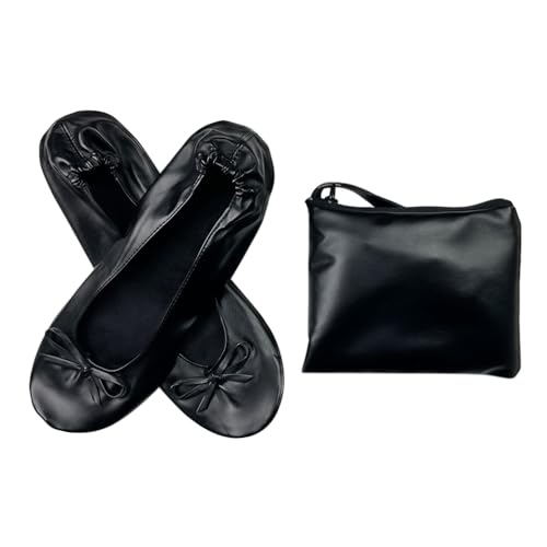 Minetom Damen Mädchen Faltbare Ballerina Bequem Flache Ballerinas Casual Komfort Weich PU Leder Party Hochzeit Schuhe mit Tragetasche A Schwarz 42/43 EU von Minetom