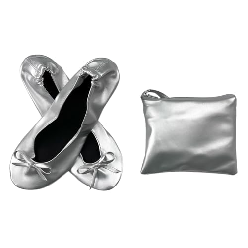 Minetom Damen Mädchen Faltbare Ballerina Bequem Flache Ballerinas Casual Komfort Weich PU Leder Party Hochzeit Schuhe mit Tragetasche A Silber 41/42 EU von Minetom