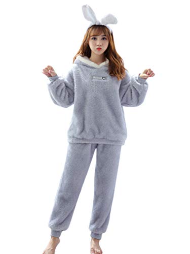 Minetom Damen Mädchen Herbst Winter Pyjama Schlafanzug Set Flanell Zweiteiliger Langarm Nachtwäsche Süßes Tier Kaninchen Warm Plüsch Kapuzenpullover und Hosen A Grau 36 von Minetom