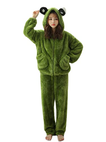 Minetom Damen Mädchen Herbst Winter Pyjama Schlafanzug Set Flanell Zweiteiliger Langarm Nachtwäsche Süßes Tier Warm Fleece Plüsch Kapuzenpullover Hoodie und Hosen I Grün 38 von Minetom