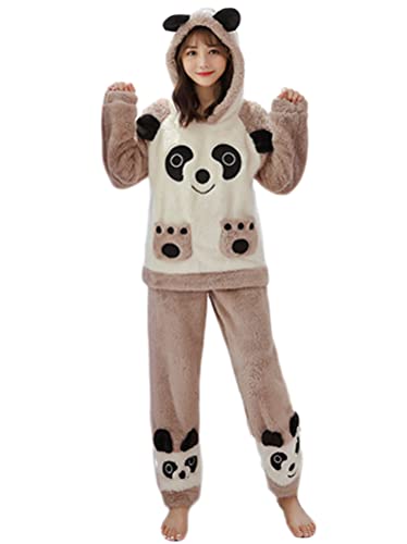 Minetom Damen Mädchen Herbst Winter Pyjama Schlafanzug Set Flanell Zweiteiliger Langarm Nachtwäsche Süßes Tier Warm Fleece Plüsch Kapuzenpullover Hoodie und Hosen K Braun 36 von Minetom