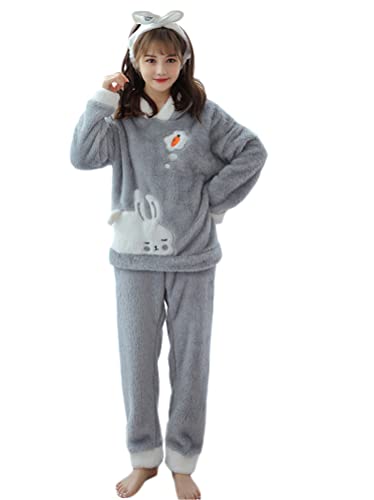 Minetom Damen Mädchen Herbst Winter Pyjama Schlafanzug Set Flanell Zweiteiliger Langarm Nachtwäsche Süßes Tier Warm Fleece Plüsch Kapuzenpullover Hoodie und Hosen L Grau 34 von Minetom