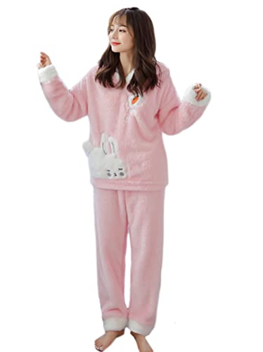 Minetom Damen Mädchen Herbst Winter Pyjama Schlafanzug Set Flanell Zweiteiliger Langarm Nachtwäsche Süßes Tier Warm Fleece Plüsch Kapuzenpullover Hoodie und Hosen L Rosa 44 von Minetom