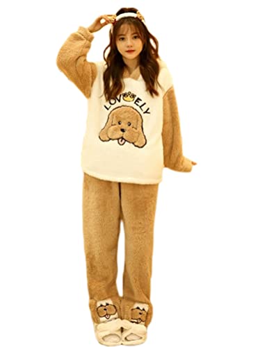 Minetom Damen Mädchen Herbst Winter Pyjama Schlafanzug Set Flanell Zweiteiliger Langarm Nachtwäsche Süßes Tier Warm Fleece Plüsch Kapuzenpullover Hoodie und Hosen P Khaki 36 von Minetom