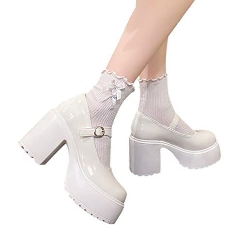 Minetom Damen Mädchen Klobige Plattform Mary Jane Schuhe Blockabsatz Runde Zehen Schnalle Plattform Pumps Lackleder Party Schuhe B Weiß 35 EU von Minetom