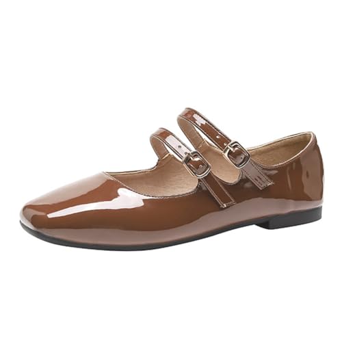 Minetom Damen Mädchen Mary Jane Elegant Schnalle Flache Ballerinas Bequeme Party Hochzeit Flats Schuhe A Braun 35 EU von Minetom