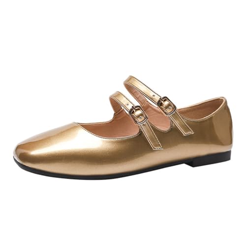 Minetom Damen Mädchen Mary Jane Elegant Schnalle Flache Ballerinas Bequeme Party Hochzeit Flats Schuhe A Gold 43 EU von Minetom