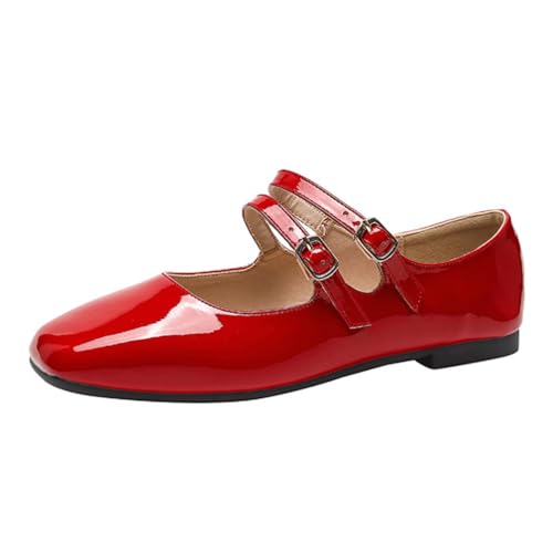 Minetom Damen Mädchen Mary Jane Elegant Schnalle Flache Ballerinas Bequeme Party Hochzeit Flats Schuhe A Rot 39 EU von Minetom