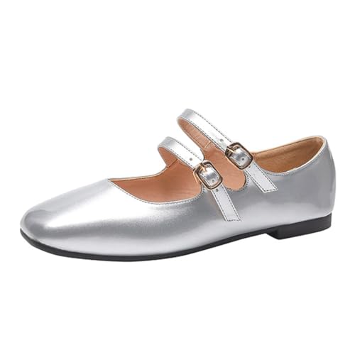 Minetom Damen Mädchen Mary Jane Elegant Schnalle Flache Ballerinas Bequeme Party Hochzeit Flats Schuhe A Silber 39 EU von Minetom