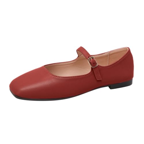 Minetom Damen Mädchen Mary Jane Elegant Schnalle Flache Ballerinas Bequeme Party Hochzeit Flats Schuhe B Rot 40 EU von Minetom