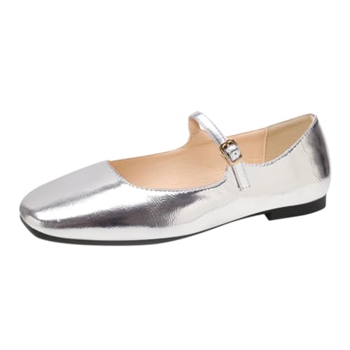 Minetom Damen Mädchen Mary Jane Elegant Schnalle Flache Ballerinas Bequeme Party Hochzeit Flats Schuhe B Silber 38 EU von Minetom