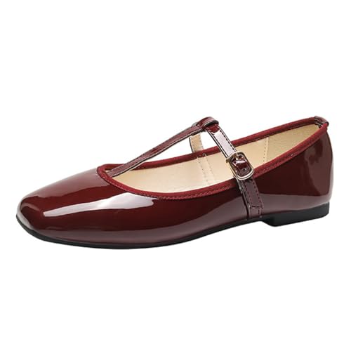 Minetom Damen Mädchen Mary Jane Elegant Schnalle Flache Ballerinas Bequeme Party Hochzeit Flats Schuhe C Weinrot 41 EU von Minetom