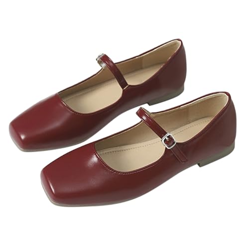 Minetom Damen Mädchen Mary Jane Elegant Schnalle Flache Ballerinas Quadratische Zehe Party Hochzeit Flats Schuhe A Rot 40 EU von Minetom