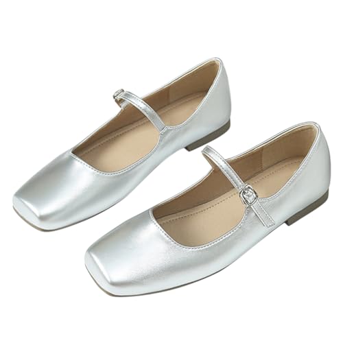 Minetom Damen Mädchen Mary Jane Elegant Schnalle Flache Ballerinas Quadratische Zehe Party Hochzeit Flats Schuhe A Silber 38 EU von Minetom