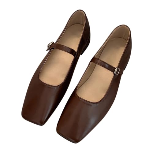 Minetom Damen Mädchen Mary Jane Elegant Schnalle Flache Ballerinas Quadratische Zehe Party Hochzeit Flats Schuhe B Braun 39 EU von Minetom