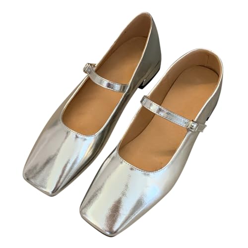 Minetom Damen Mädchen Mary Jane Elegant Schnalle Flache Ballerinas Quadratische Zehe Party Hochzeit Flats Schuhe B Silber 39 EU von Minetom