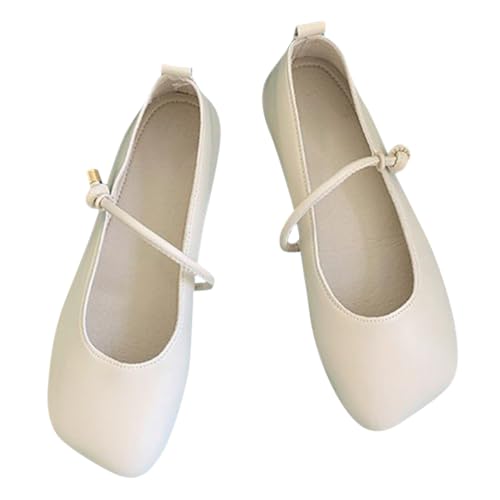 Minetom Damen Mädchen Mary Jane Elegant Schnalle Flache Ballerinas Quadratische Zehe Party Hochzeit Flats Schuhe C Beige 35 EU von Minetom