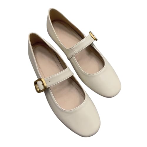 Minetom Damen Mädchen Mary Jane Elegant Schnalle Flache Ballerinas Runde Zehe Party Hochzeit Flats Schuhe A Beige 34 EU von Minetom