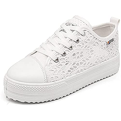 Minetom Damen Canvas Lace Up Kabel Atmungsaktiv Sneaker Turnschuhe niedrige Sommerschuhe Sport Platform Plateau Shoes, Weiß, 35 EU von Minetom