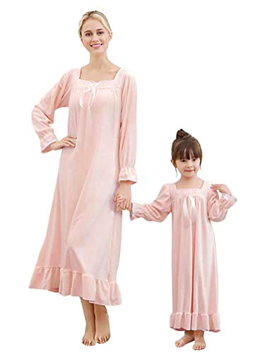 Minetom Damen Mädchen Nachthemd Langarm Pyjama Herbst Winter Weich Kleid Mütter Tochter Bowknot Große Größen Schlafkleid Viktorianischer Stil Prinzessin Nachtkleid Rosa DE 38 (Damen) von Minetom